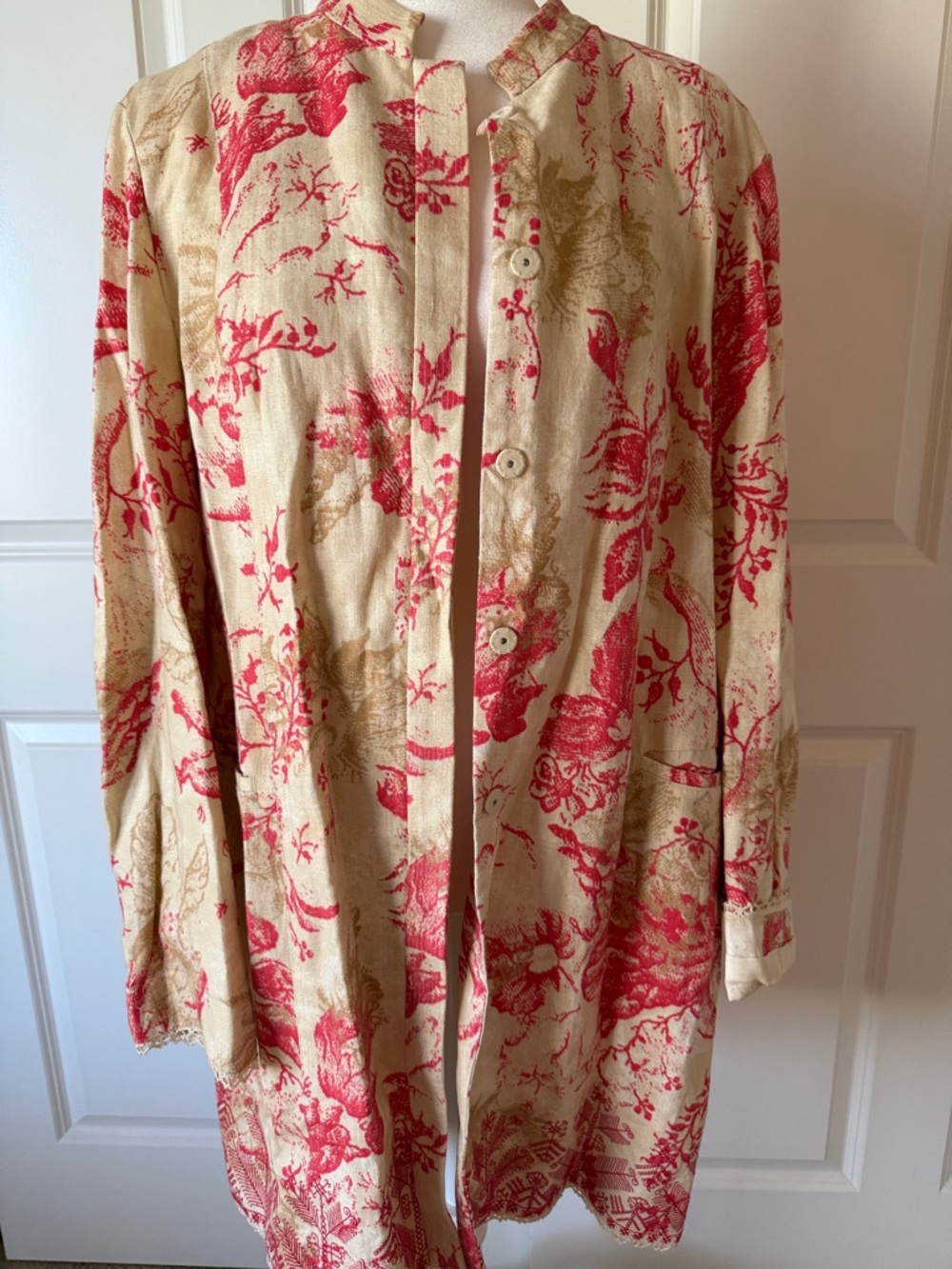 Sigrid Olsen Linen Floral Button Front Tunic - Cream & Red